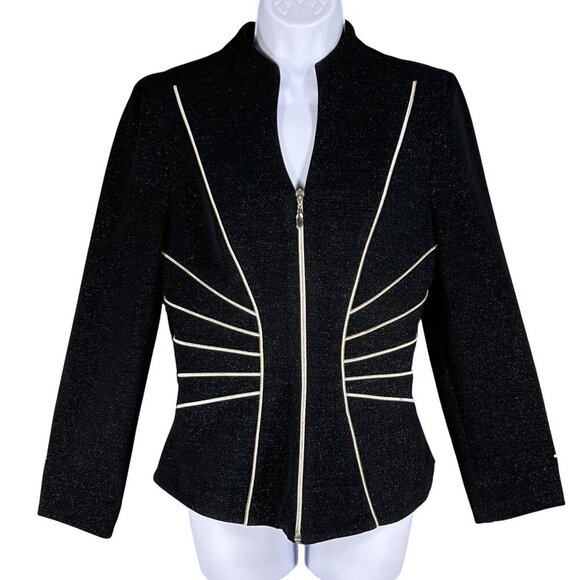 Caché Womens S Black Zip Up Blazer Silver Piping Structured Fit Career Office - Picture 7 of 15